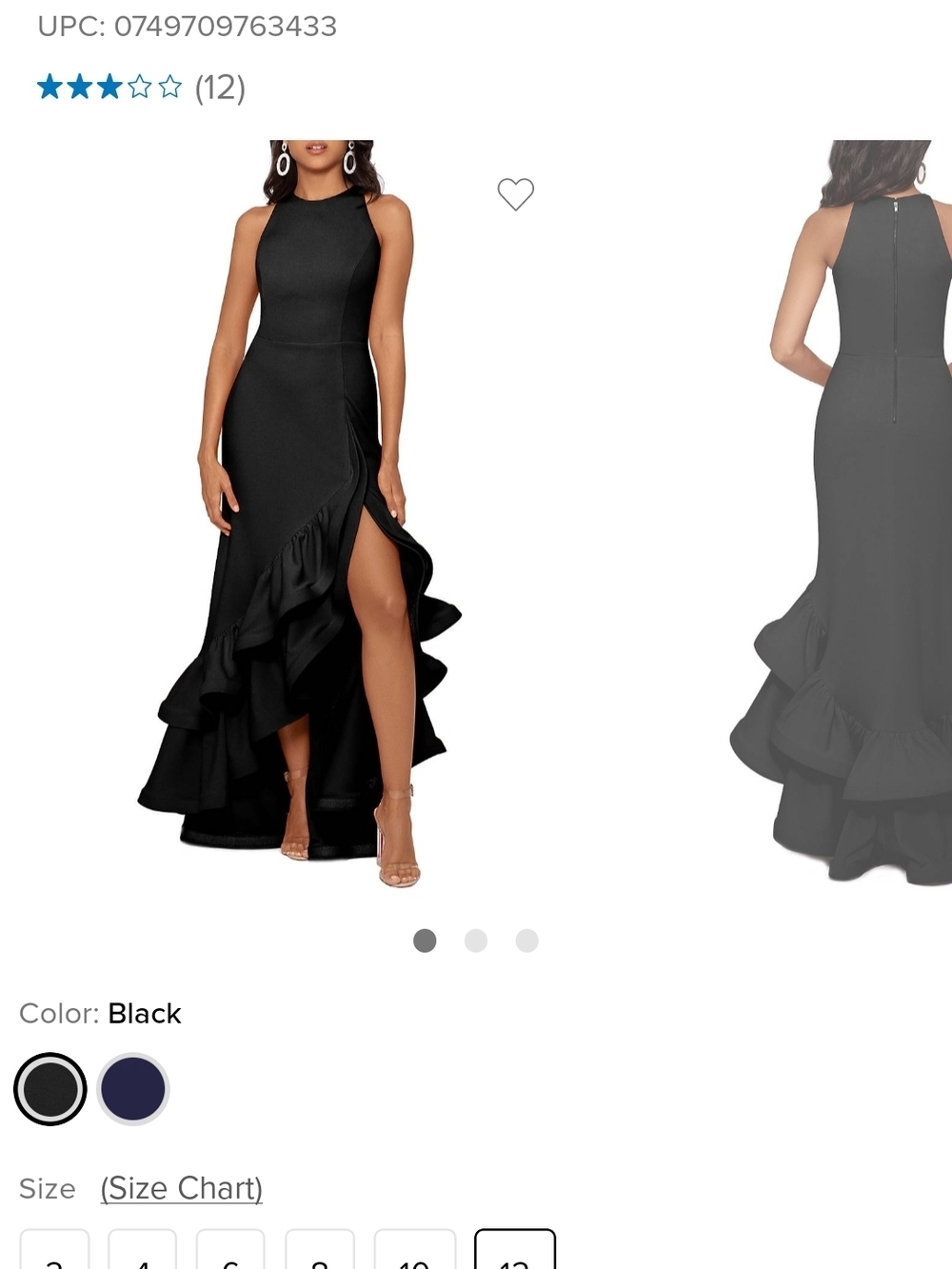 Betsy & Adam Black High-Low Ruffle Halter Evening Gown
